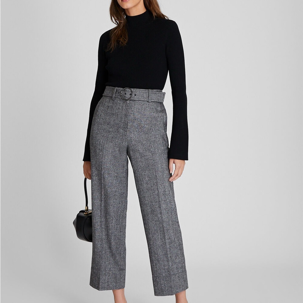 Club Monaco Round Buckle Belted Trousers, Grey Knit Pants, Size 2.